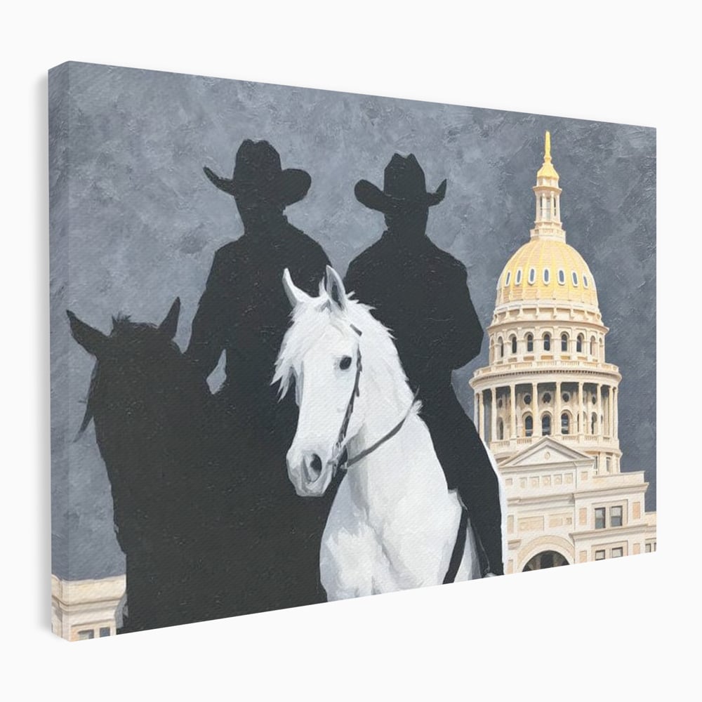 Tablou canvas cu pictura cu doi cowboy si cladire oficiala, fara rama, pe sasiu de lemn